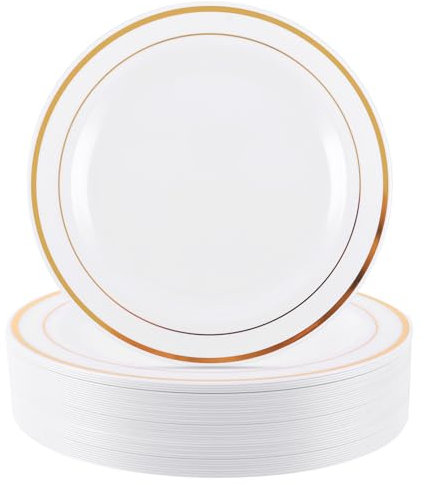 APACALI 50 Pièces Assiettes à Dessert en Plastique Blanc, 20CM Assiette Plastique Reutilisable avec Bordure Dorée, Assiettes en Plastique Blanc pour Mariages, Fêtes, Anniversaires, Noël