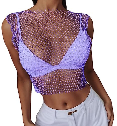 QWUVEDS Maglia a maniche lunghe da donna a maglia corta sexy trasparente a rete camicetta estiva da donna a maniche corte, 4-0115b-lilla, Taglia unica