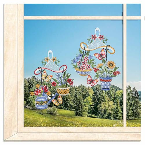 atelier alles-Spitze 2er Set Spitzen-Fensterbilder Kleine Blumenwaagen| Sommerliche Fensterdekoration aus Vogtländischer Luft-Spitze | BxH 13 x 18 cm