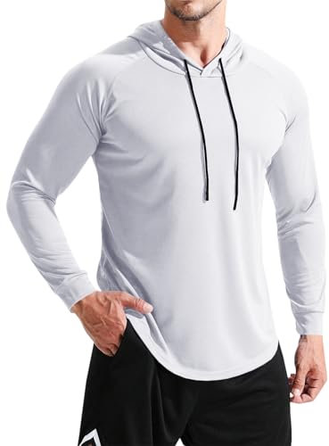 Herren Workout Hoodie Sommer Langarm Stretch Sweatshirt Running Schnell Trocken Sportliches Shirt, Weiß, XL