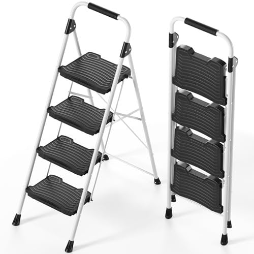KINGRACK 4 Step Folding Ladder, 900 lbs Load Capacity, Non-Skid Large Pedals, Handrail, Safety Lock, Sturdy Step Stool for Home, Office, Garden, Multi-Purpose, White