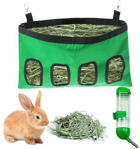 Kaninchen Heutasche, Regerly 1 Stück Heu-Futterbeutel mit 250ml Tränke Meerschweinchen Heu Futterbeute Heu-Feeder-Aufbewahrung Kleintiere Heutasche mit 4 Fenster für Hasen Chinchillas Und Hamster