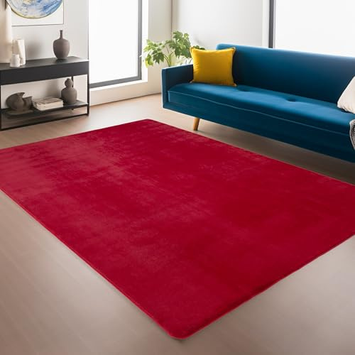 Jimri Flauschiger Teppich Läufer - Hochwertiger Kurzflor für Zuhause, Büro, Küche, Eingang, Flur, Wohnzimmer - Maschinenwaschbar - Rutschfester Teppich Waschbar - 120x160 cm - Rot