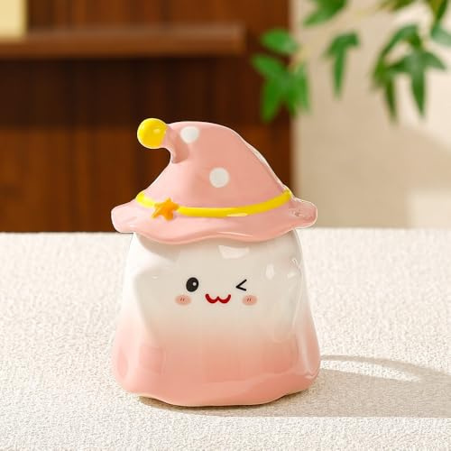 VollfitYYu cute Geistertasse mit Deckel Porzellan Geister Tasse Halloween Geschenk Kaffeebecher lustig Kaffeetasse mit Henkel für Milch Kaffee Kakao Saft (Rosa)