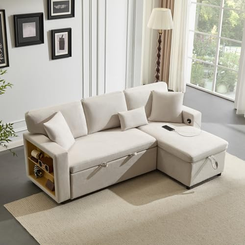 L-Form Eckcouch mit Bettfunktion und Stauraum, Ausziehbares Corner Sofa Bett, Mit Integriertem Regal und Bettkasten, Schlafcouch für Wohnzimmer, Modernes Gästebett (Beige + Flannelette + 4 Seat)