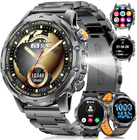 Montre Connectée Homme,1000mAh Batterie/1.53''HD Écran/LED Lampe/Appel Bluetooth Smartwatch Homme,Moniteur de Fréquence Cardiaque et Sommeil/120+ Modes Sportifs IP68 pour Android iOS, Noir-orange
