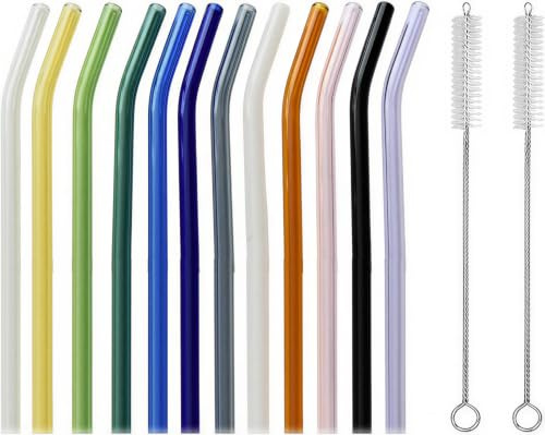 12Pcs Colourful Reusable Glass Straws with 2 Cleaning Brushes, Glass Straws, Durable Drinking Straws for Home and Travel, Smooth Glass Straws with Elegant Design
