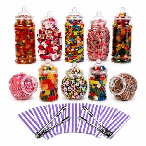 Truly Sweet Candy 10 Assorted Plastic Sweet Jars, 2 tongs, 50 Bags for Parties, Weddings, Candy Buffet (Purple)