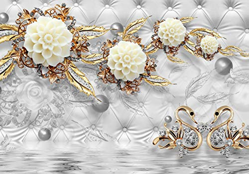 wandmotiv24 Fototapete Blumen Gold Diamanten Luxuriös Grau, M 250 x 175 cm - 5 Teile, Wanddeko, Wandbild, Wandtapete, Wasser, Polster, grau M1973