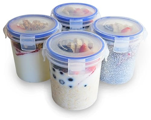 BubbleWally Overnight Oats Container with Lids (4-Piece set) - 16 oz Plastic Containers - Oatmeal Container to go | Portable Cereal and Milk Container| Snap Lock Storage Jars with Airtight Lids
