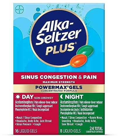 Alka-Seltzer Plus Maximum Strength PowerMax Sinus Congestion & Pain Medicine, Day + Night Liquid Gels - Powerful Relief for Cold and Flu, + Sinus Congestion for Adults and Children 12+ Years, 24 Count
