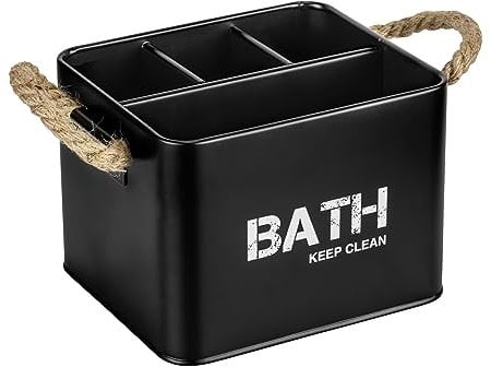 WENKO Badbox Gara mit 4 Fächern, Aufbewahrungsdose aus Stahl, trendiger Aufdruck, geflochtene Griffe, ideal für Bad und Gäste-WC, 19 x 12,5 x 13 cm, Schwarz