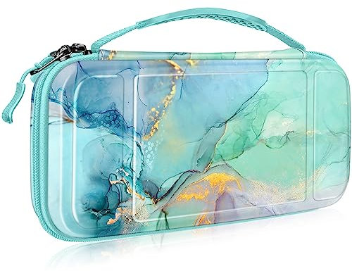 FINTIE Etui pour Nintendo Switch / Switch Modèle OLED - Sacoche Rangement Zippée Anti-Choc Housse de Transport en EVA, Sacoche Voyage Console avec 10 Emplacements Cartes de Jeu, Marbre Émeraude