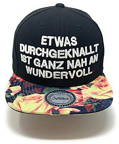 Outfitfabrik Snapback Cap Etwas durchgeknallt ist ganz nah an wundervoll in schwarz mit Blumen-Muster-Schirm und 3D-Stick in weiß (Statement, Spruch, Flower), One Size, verstellbar