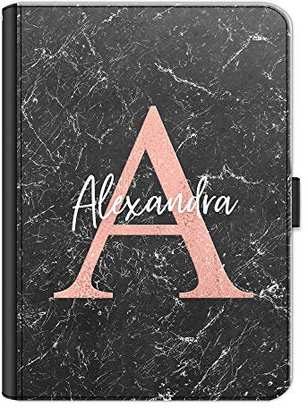 Personalised Initial Case For All Apple iPad Models 10, 9, 8, 7, 6, Air 11, Pro 12.9,13 inch, Mini, Black Marble Print with Pink Initial and White Name, 360 Swivel PU Leather Side Flip Folio Cover