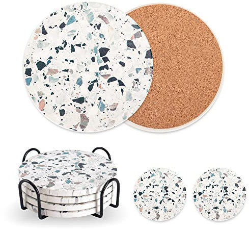 4 Inch Marble Coasters Set of 4 – Ceramic Drink Coasters with Cork Base, Modern Absorbent Coaster for Home & Office, Neutral Home Decor‌