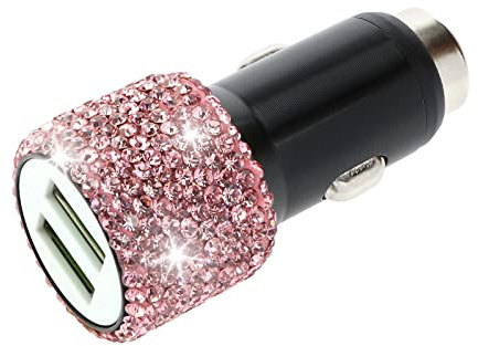 YINETTECH Dual USB Car Charger Shiny Crystal Decoration Safety Hammer Design Fast Charging Decor Compatible with Xs Max/XS/XR/X/7/8/6 Compatible with Android Pink