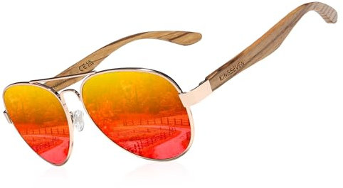 KINGSEVEN Handgefertigte Holzsonnenbrille Polarisierte Herrenbrille UV400 Schutzspiegel Brillen Holzbügel Z5518 (Orange)
