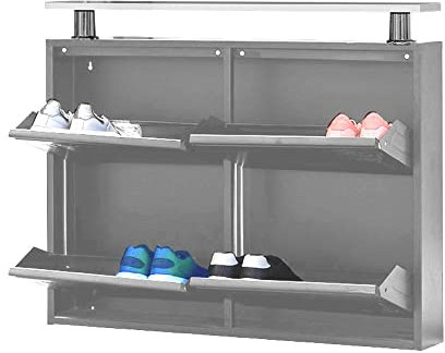 StarMart Scarpiera Slim 4 Ante, Orizzontale, GRIGIA | con utile ripiano d’appoggio | 8-12 Paia Scarpe/Stivali | Metallo | Garanzia 15 Anni