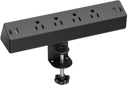 Desk Clamp Power Strip, 1875W Surge Protectors with 2 USB A, 2 USB C Ports, 4 AC Outlets, Desk Mount Charging Power Station, Fit 1.7 inch Tabletop Edge Thick, Desk Outlets for Home Office.