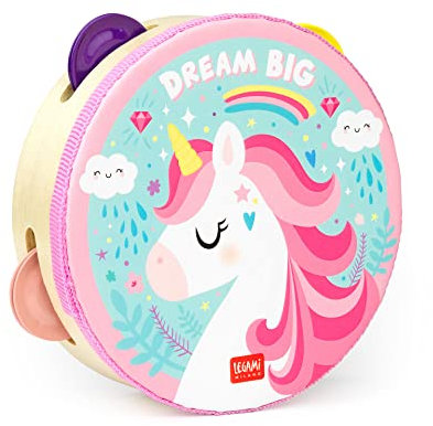 Legami - Tamburin für Kinder, mit 4 Rasseln, verbessert die Koordination, Feinmotorik, Rhythmusgefühl, Ø 14,5 cm, Einhorn Thema