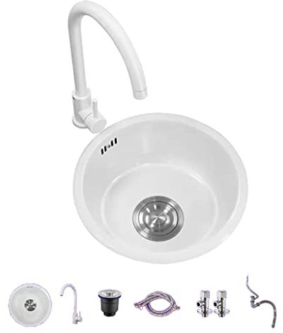 DITUDO Lavabos Fregadero Cocina Un Solo Tazón Acero Inoxidable 304 Pequeño Fregadero con Grifo Y Accesorios Bajo El Agua Fregadero Redondo Blanco Tipo Encimera (Color : Blanco, Size : 420 * 200mm)