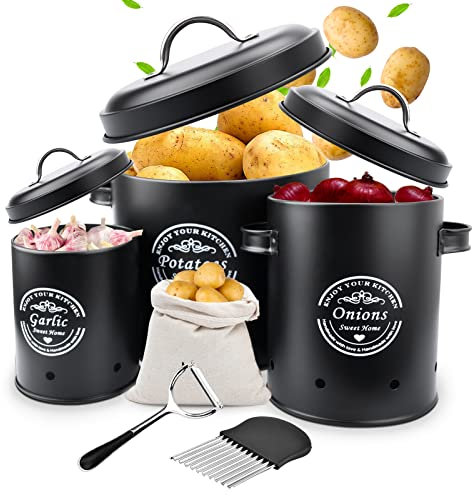 TAVADA Kartoffel Aufbewahrungsbox,Vorratsbehälter Kartoffeltopf 3er Set,mit Lüftungslöchern für optimale Haltbarkeit,inkl Sparschäler,für Kartoffeln,Vintage Design Topf(Schwarz)