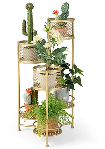 RELAX4LIFE Portavasi da Interno Pieghevole, Supporto per Piante in Metallo, Scaffale per Piante e Fiori a 6 Livelli per Salotto e Balcone, 41 x 39 x 82 cm (Oro)