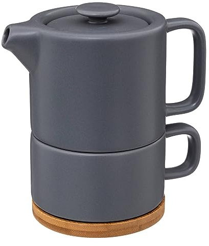 SG Secret de Gourmet Théière en céramique Bleu Gris avec Tasse intégrée et socle en Bambou - Secret de Gourmet