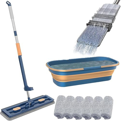 Mopa plana grande, 360 ° giratoria con cubo y función de escurridor, mopa para madera dura, laminado, azulejos (A+C)