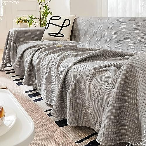 Gualiy Sofa Überzug 180x300cm, Einfarbig mit Gittermustern Couch Überzug 3 Sitzer Sofaüberwurf rutschfest Grau Sofabezug für Wohnlandschaft