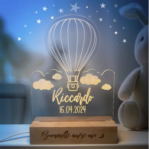 PIXEL® Lampada personalizzata con nome incisa 3d Luce notturna bambino bambina bambini neonato Idea regalo nascita bimbo bimba battesimo Regalo Natale neonati Personalizzato cameretta (Mongolfiera)
