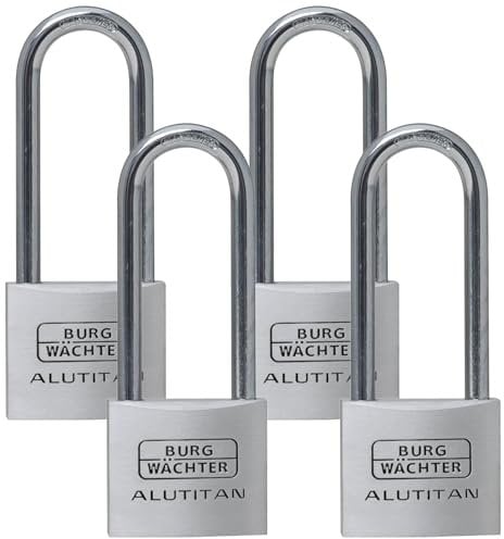 Burg-Wächter Vorhangschloss, Vorhängeschloss mit Schlüssel, 6,9 mm Bügelstärke, massives Aluminiumschloss, Innenwerk rostfrei, Gehärtet, Alutitan 770 HB 40 65 SB (Packung mit 4)