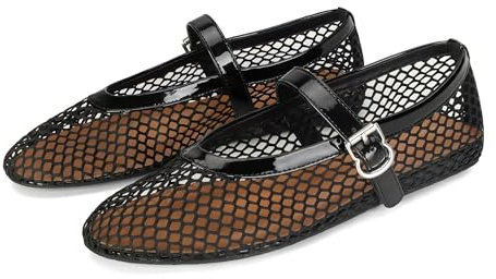 DOEYG Ballerine da Donna in Rete Nera, Punta Tonda, Ballerine, Cinturino con Fibbia, Scarpe Mary Jane comode, Casual, estive, a Rete, Taglia 40