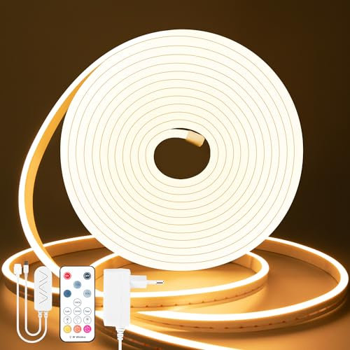 Lamomo LED Strip 5M Warmweiss, 12V Dimmbar Neon LED Streifen, 3000K Wasserdicht Led Leiste, Silikon DIY Flexibel Lichtleiste mit Netzteil und IR Fernbedienung für Innen Aussenbereich Heim Küche Deko…