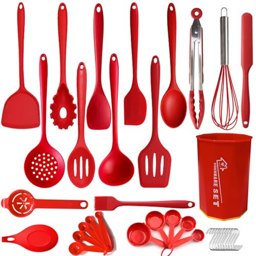 UXIYI Silicone Kitchen Utensils Set, 36PCS Heat Resistant Cooking Utensil with Holder, Kitchen Gadgets and Tools for Nonstick Cookware,36pcs Red