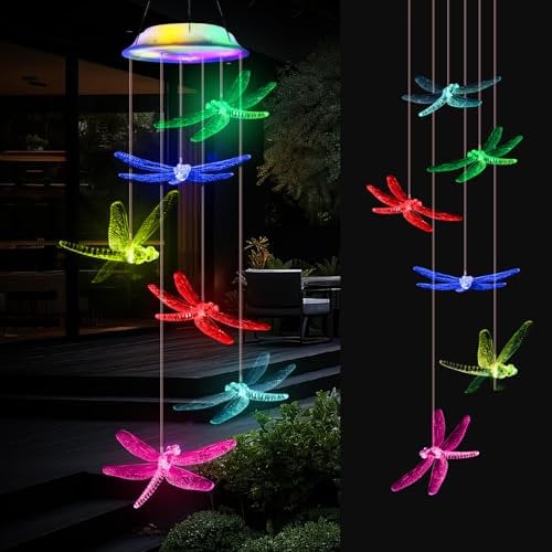 Solar Windspiel für Draußen, Libelle Licht, Wasserdicht für Garten, Solarbetriebenes Hängend Deko, Farbwechsel Muttertagsgeschenk