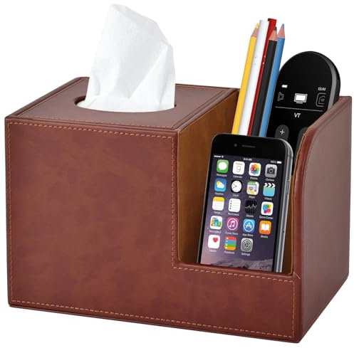 XNONE Kosmetiktücher Leder Taschentücher Box Quadratisches Tissue Box Organizer Serviette Taschentuchspender Halter mit Fernbedienung Aufbewahrungsbox für Kommode Badezimmer Autos Büro Dekor,Braun