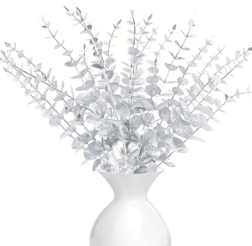 LWAIX Hojas de Eucalipto Artificial Tallos Artificiales de Eucalipto 20pcs Ramas Artificiales Eucalipto para Decoración de Hogar Oficina Bodas (20, Plata)