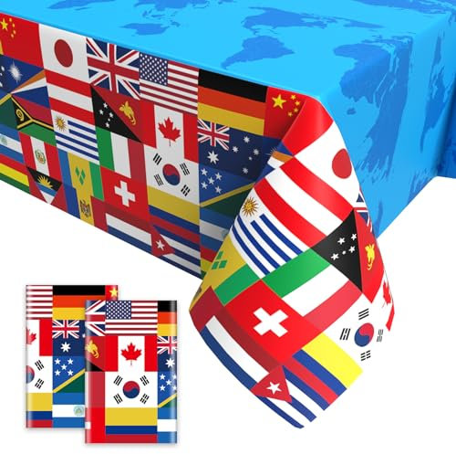 2PCS Internationale Flagge Tischdecke,Tischdecke für Euro Fußball 2024 Welt Land Flaggen Tischdecke Eurovision Olympische Partydeko für Haus Garten Bar Fußball Party Deko 137x274cm