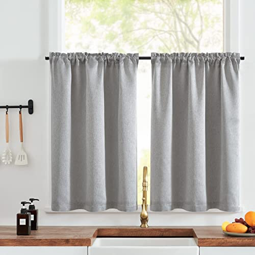 TOPICK Tende da cucina in finto lino, lunghezza 91 cm, oscuranti, rustiche, per privacy, bar, set di tende per finestra per armadio, camper, con tasca per asta, 2 pannelli, grigio