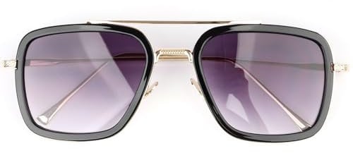 Retro Vintage Sonnenbrille Tony Stark Brille Quadratischer Metallrahmen für Männer Frauen Goggle Classic Legierung Rahmen, Schwarzer Rahmen, violette Gläser, Einheitsgröße