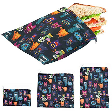 Waschbare Sandwichbeutel – 3er-Pack, Wiederverwendbare Snackbeutel Mit Reißverschluss, Waschbarer Stoff, Lebensmittelecht, Lebensmittelechte Lunchbeutel Für Schule, Camping, Wandern - Mon-ster