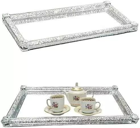 Crushed Diamond Decor Tray, Silver Ornament Bling, Crystal Filled, 39x18 cm, Mirror Tray