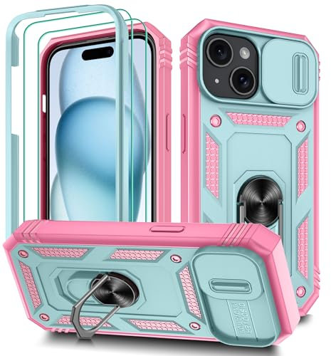 Pilaru 3 in 1 for iPhone 15 Case |With Front Frame| [2 Separate Screen Protectors] & Kickstand Ring & Camera Cover Military Grade Drop Shockproof Protection for iPhone 15 Phone,Green/Pink