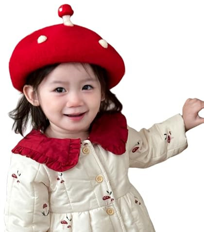 AIBEARTY Baskenmütze für Kinder, Mädchen, französische Perle, warm, für den Winter, Roter Pilz, Einheitsgröße