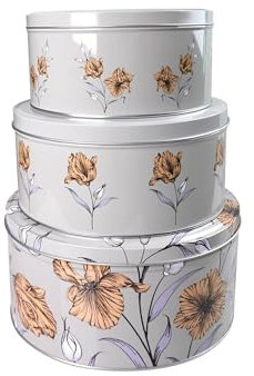 Sterling Sports Set of 3 Round Nesting Cake Storage Tins - Airtight Containers for Cakes, Biscuits & Sweets in Large, Medium & Small Sizes - Ideal Kitchen Mothers Day Gifts (Floral Grey)