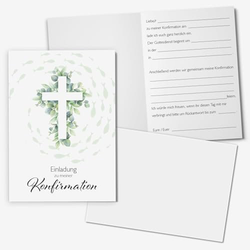 younikat Einladungskarten Konfirmation I 15x DIN A6 zum Ausfüllen mit Lückentext I inkl. Umschlägen I Klappkarte Eukalyptus Fische Kreuz I dv1562