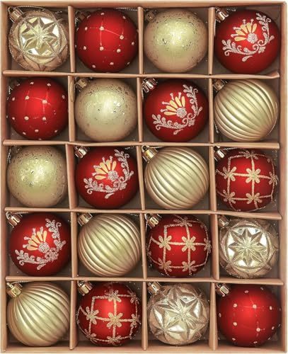 Valery Madelyn Weihnachtskugeln 20 Stück 5 cm Christbaumkugeln Kunststoff mit Aufhänger Luxuriöse Rot Gold Weihnachtskugeln Set für Weihnachtsdeko Thema Rot Gold (M)