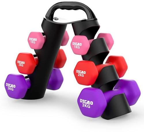 DICAO Neoprene Dumbbells Set Women 12kg, Cast-Iron Core Ladies Weights with Non-Slip Sweatproof Grip, Strength Fitness Training(with Stand & Workout Guide) (Cast Iron 12kg + Workout Guide)